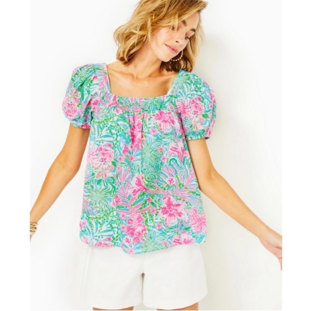 Lily Pulitzer 100% Linen Keating Puff Sleeve Floral Blouse in Amalfi Blue Size 4